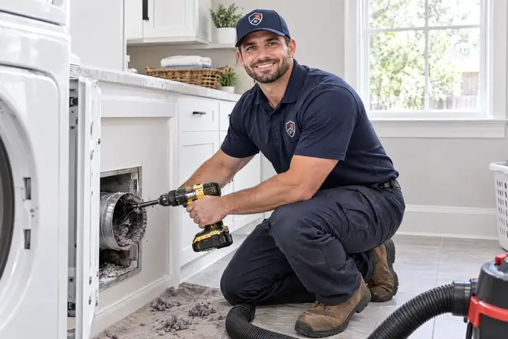 Dallas Chimney Care technician cleaning a dryer vent in a Dallas laundry room
