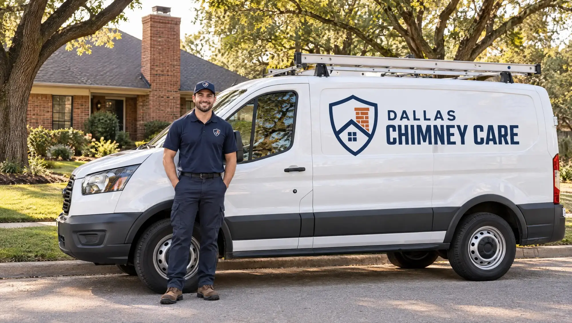 Dallas Chimney Care technician standing next to the company van in front of a brick Dallas home