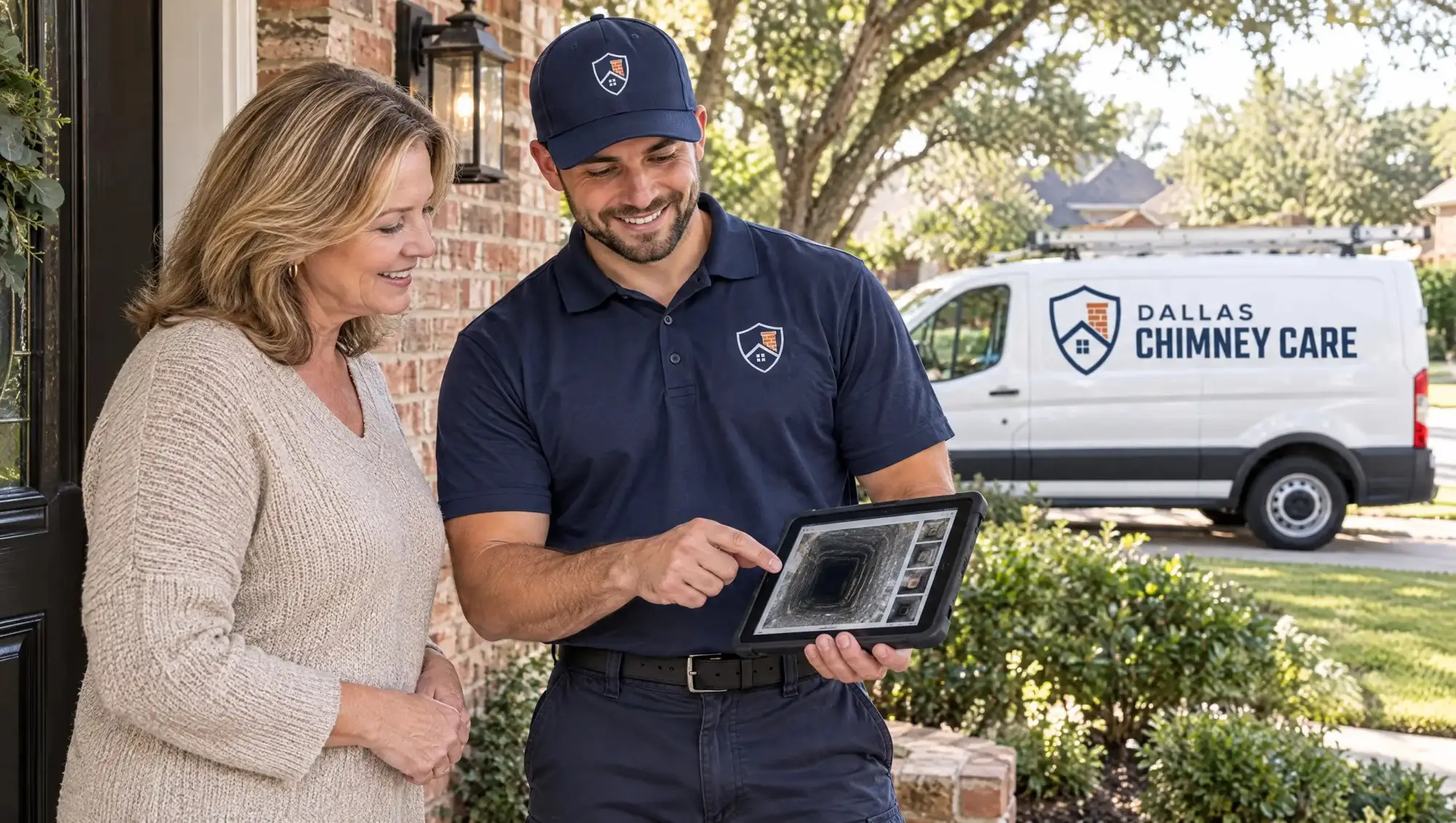 Dallas Chimney Care technician showing a homeowner photos from her chimney inspection
